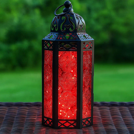 Metal Moroccan Decorative LED Fairy Lights Candle Lantern Holders for Indoor Home Fantasy Decor, Table Centerpieces, Outdoor Patio or Porch, Weddings, Medium - Red Medium - MAIN