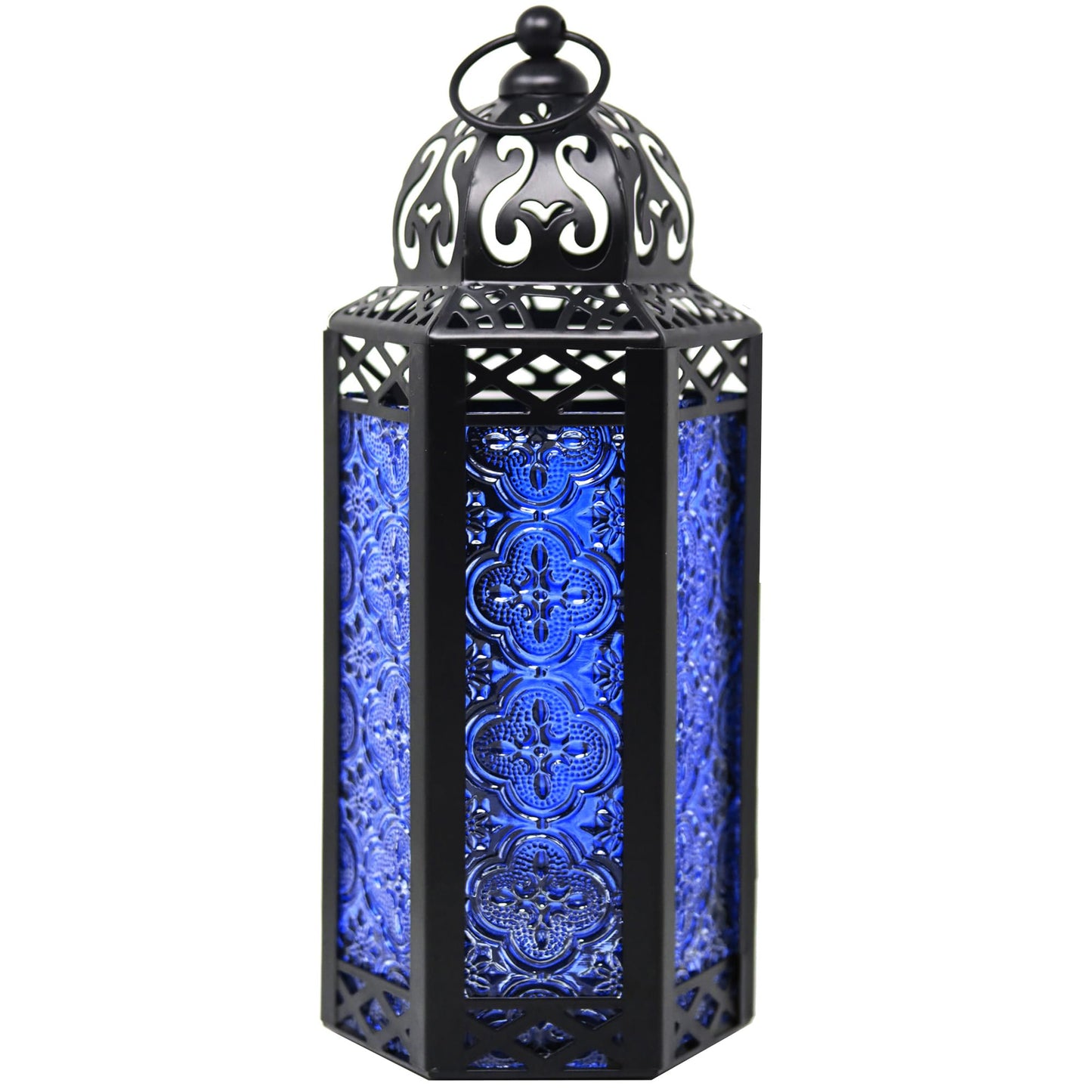 Black Metal Decorative Moroccan Lantern Candle Holder Lamp - Indoor/Outdoor, Home Decor, Patio, Weddings, Christmas - Cobalt Medium - MAIN
