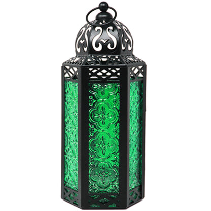 Black Metal Decorative Moroccan Lantern Candle Holder Lamp - Indoor/Outdoor, Home Decor, Patio, Weddings, Christmas - Green Medium - MAIN