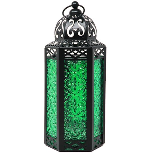 Black Metal Decorative Moroccan Lantern Candle Holder Lamp - Indoor/Outdoor, Home Decor, Patio, Weddings, Christmas - Green Medium - MAIN
