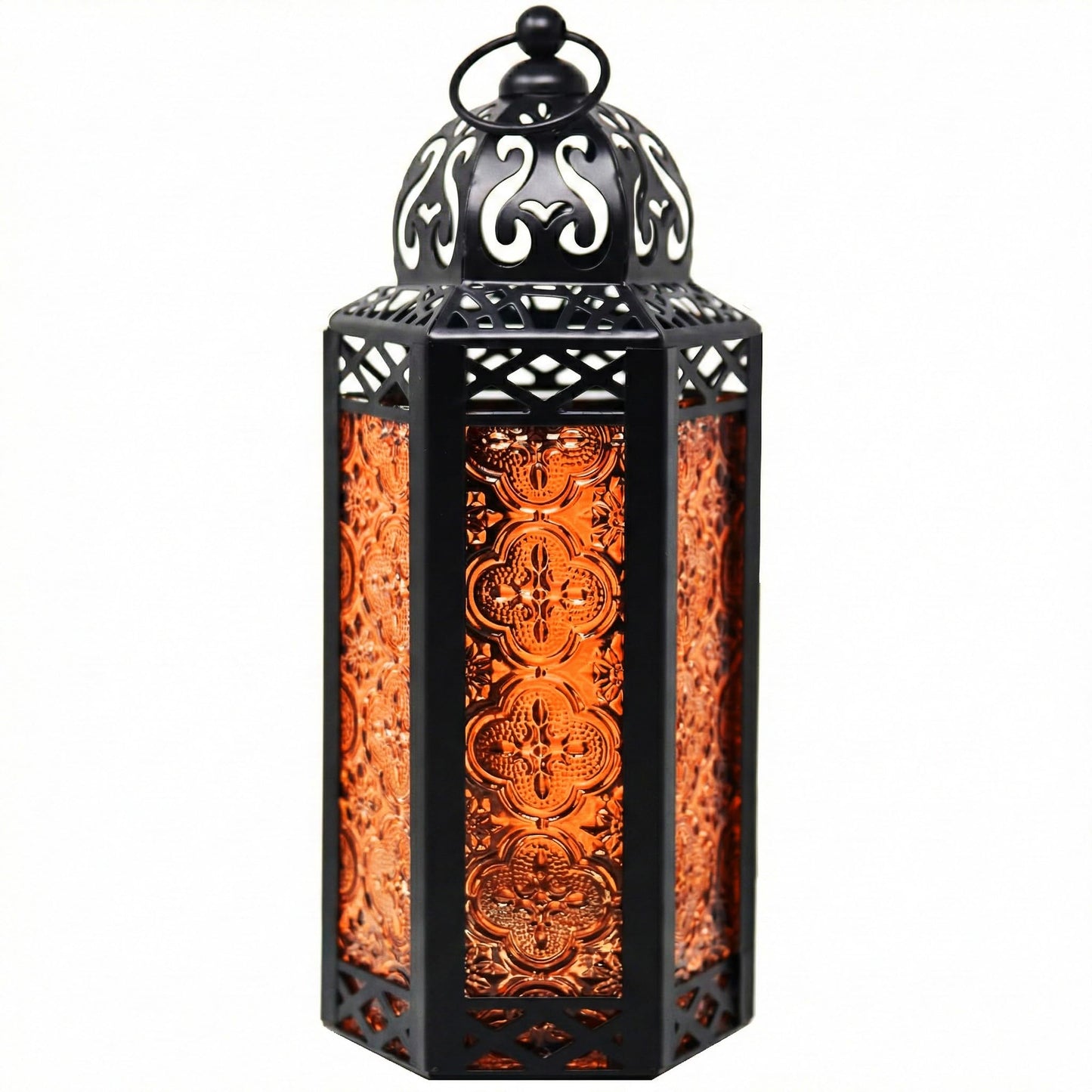 Black Metal Decorative Moroccan Lantern Candle Holder Lamp - Indoor/Outdoor, Home Decor, Patio, Weddings, Christmas - Amber Medium - MAIN
