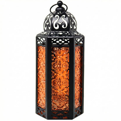 Black Metal Decorative Moroccan Lantern Candle Holder Lamp - Indoor/Outdoor, Home Decor, Patio, Weddings, Christmas - Amber Medium - MAIN