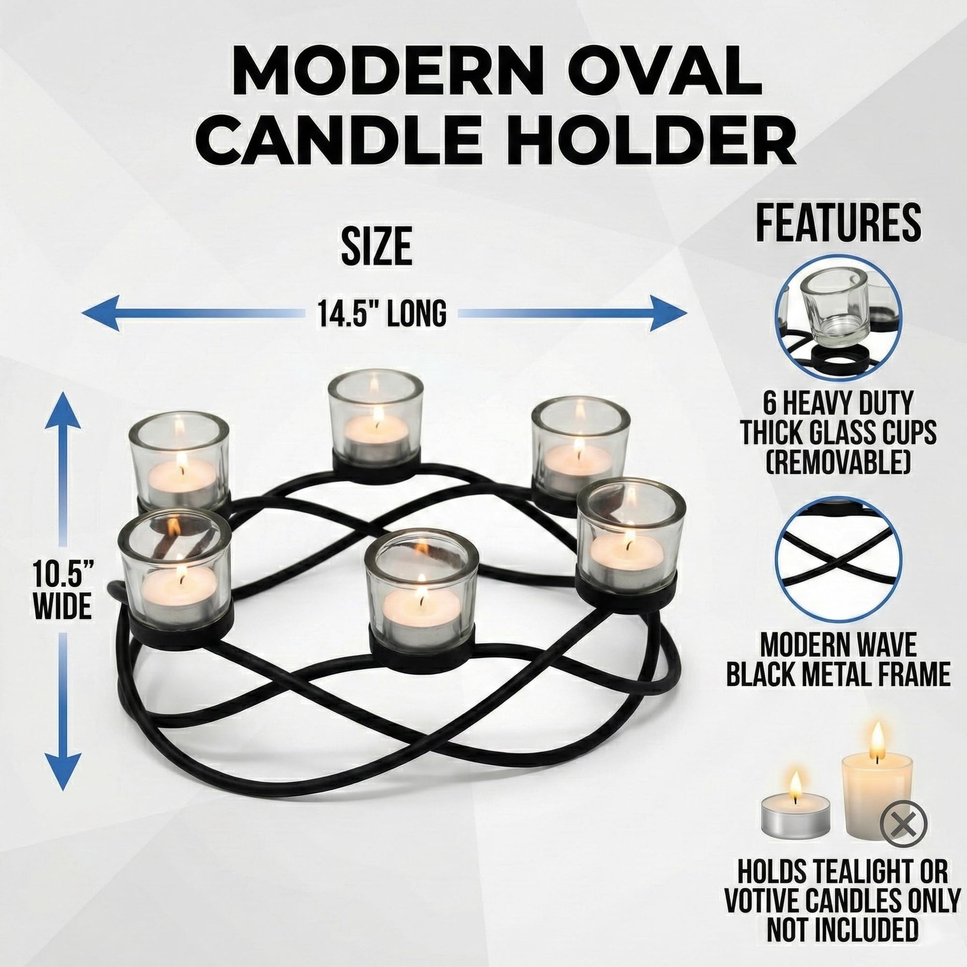 Iron Oval Table Decor Centerpiece Decorations Candle Holder for Weddings, Outdoor Patio, Kitchen, Dining Room, and Coffee Tables, Glass Votive Tealight Holders, - Oval Clear 6-Cup - PT02