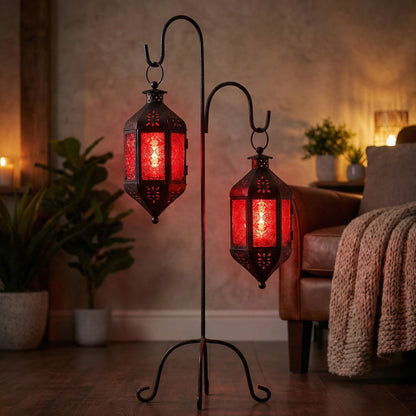 Hanging Moroccan Decorative Candle Lantern Holders for Outdoor Décor - Ruby Red Hanging - PT05