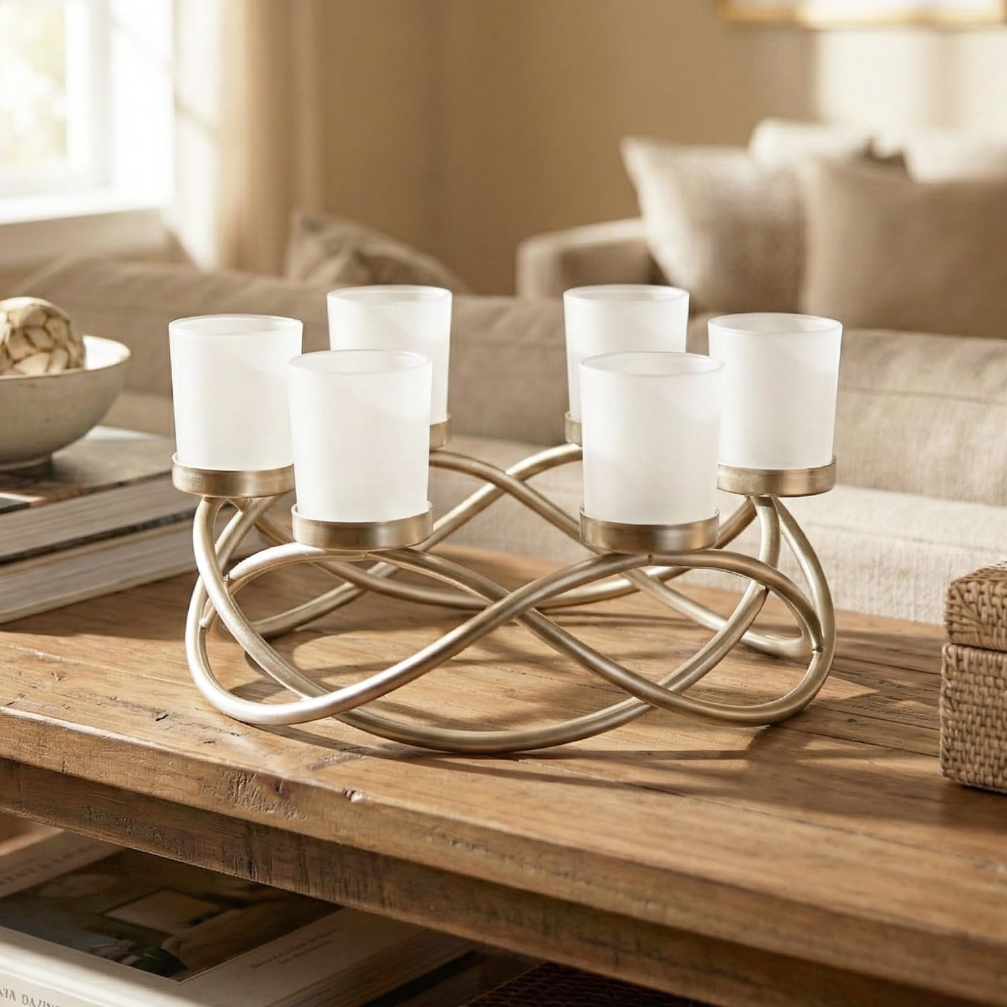 Iron Round Table Decor Centerpiece Decorations Candle Holder for Weddings, Outdoor Patio, Kitchen, Dining Room, and Coffee Tables, Glass Votive Tealight Holders - Gold/Frosted 6-Cup - PT05