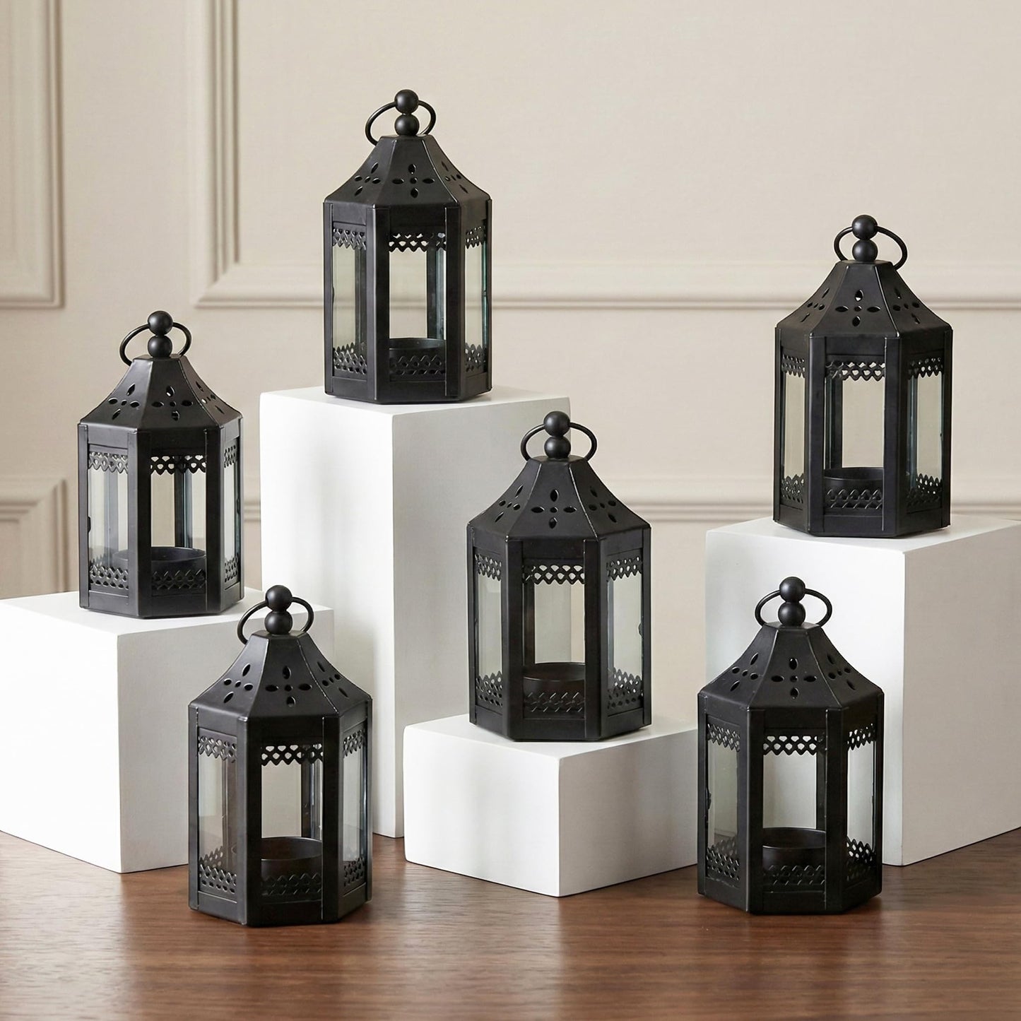 6pc Mini Small 4.5 Inch Metal Moroccan Lanterns Decorative Candle Tealight Holders for Centerpieces, Ramadan, Home Decor, Weddings, Black - Black Set of 6 - MAIN