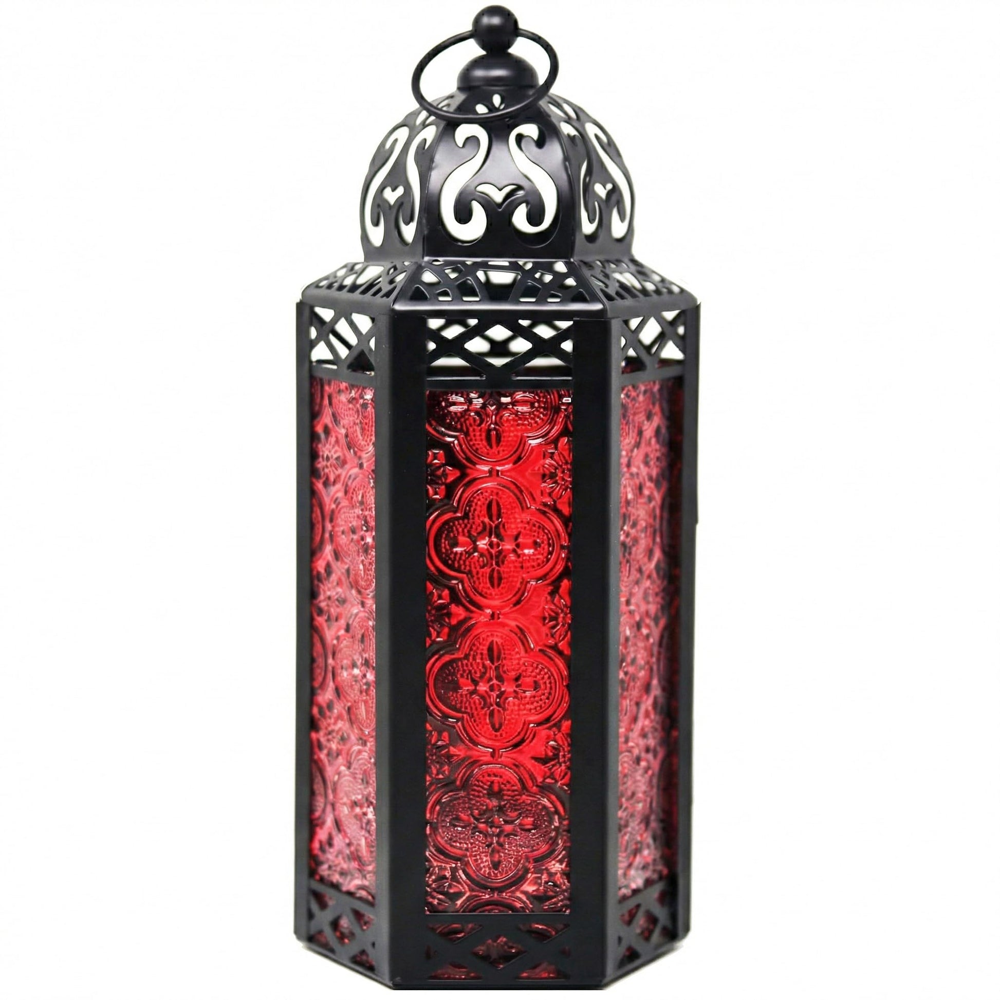 Black Metal Decorative Moroccan Lantern Candle Holder Lamp - Indoor/Outdoor, Home Decor, Patio, Weddings, Christmas - Red Medium - MAIN