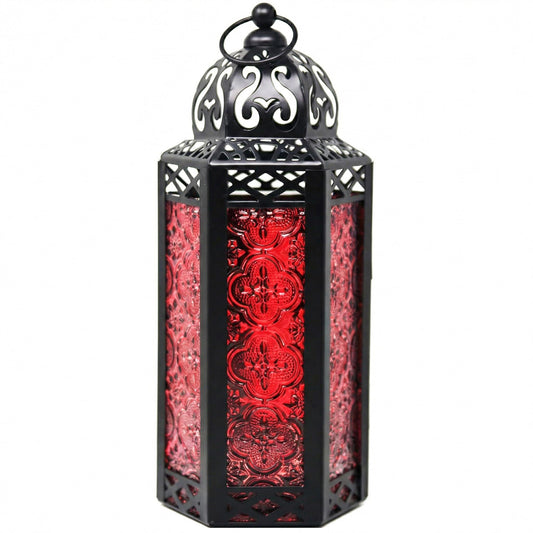 Black Metal Decorative Moroccan Lantern Candle Holder Lamp - Indoor/Outdoor, Home Decor, Patio, Weddings, Christmas - Red Medium - MAIN