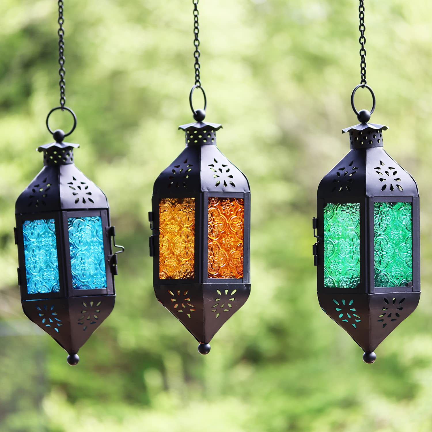 Hanging Moroccan Decorative Candle Lantern Holders for Outdoor Décor - Blue/Amber/Green Hanging - PT01