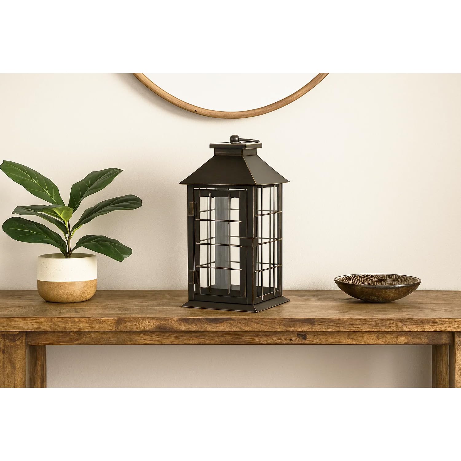 11" Rustic Decorative Candle Lantern – Vintage Metal & Glass Holder for Pillar Candles – Farmhouse Tabletop & Hanging Lantern for Indoor or Patio Decor, Bronze - Brushed Bronze 5.5 x 5.5 x 11 inches - PT03