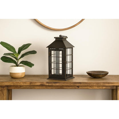 11" Rustic Decorative Candle Lantern – Vintage Metal & Glass Holder for Pillar Candles – Farmhouse Tabletop & Hanging Lantern for Indoor or Patio Decor, Bronze - Brushed Bronze 5.5 x 5.5 x 11 inches - PT03