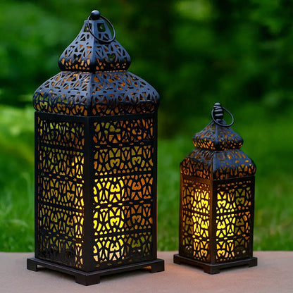 Large Temple Moroccan Lantern Lamp Decorative Candle Holders for Ramadan Decorations, Hanging, Outdoor Patio or Porch, Indoor Home Decor, Weddings, Black, Set o - Black 11" and 15" - MAIN