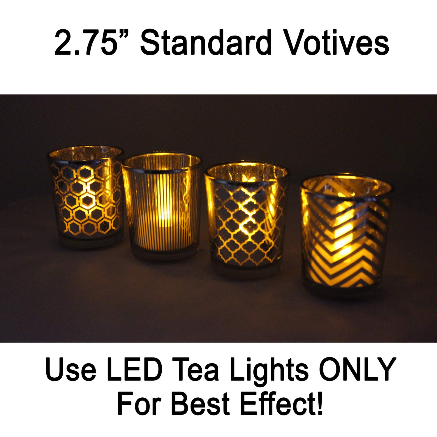 Glass Votive Tealight Candle Holders in Bulk for Table Centerpiece Wedding Decor, Silver, 2.75" Tall, Set of 12 - Assorted Silver Regular - PT01