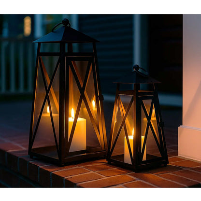 Black Watchtower Candle Lanterns for Outdoor Patio or Porch – Set of 2 Decorative Metal & Glass Lanterns for Pillar Candles – Rustic Farmhouse Indoor Tabletop D - Black 14.5" H x 6" W - PT01