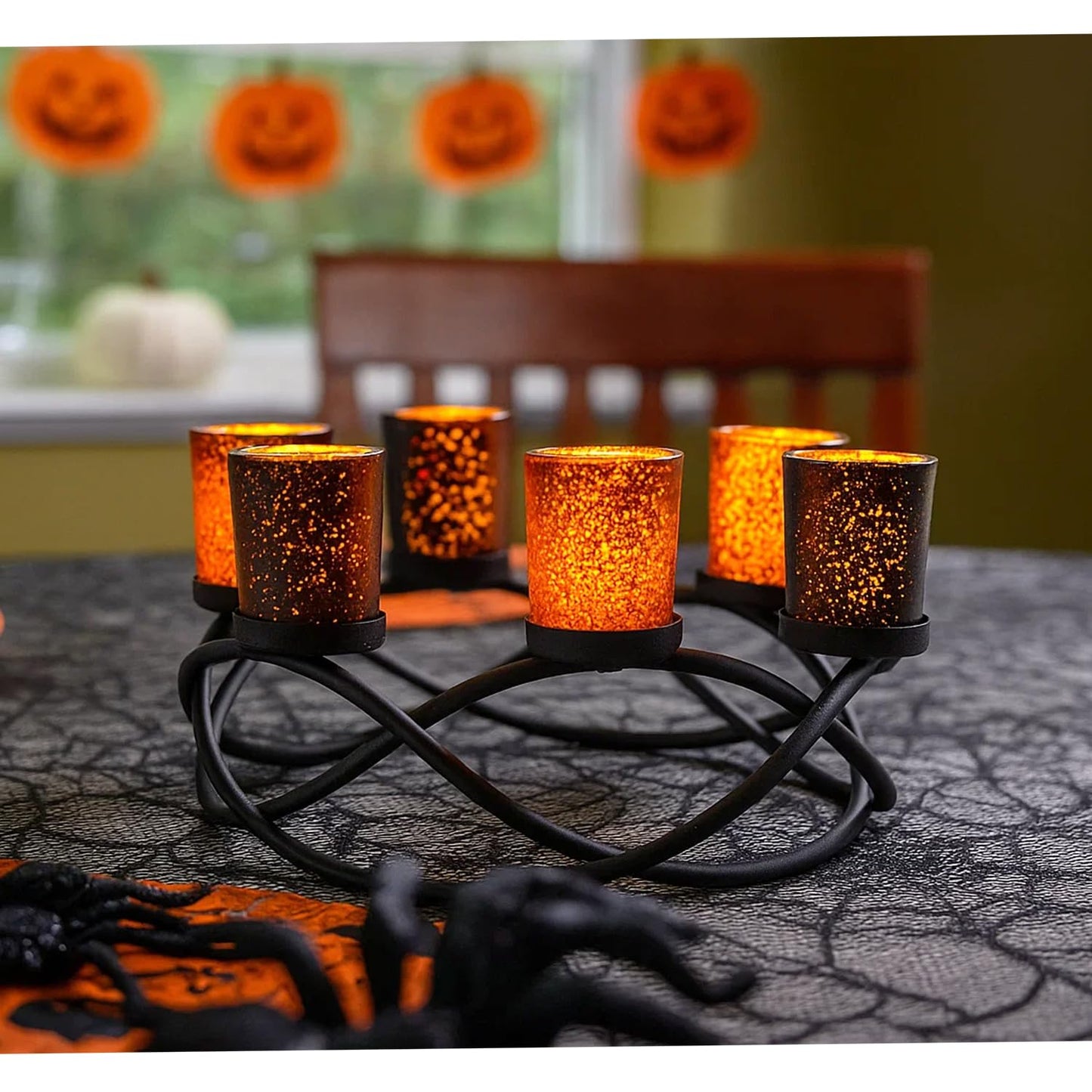 Halloween Centerpiece Table Decor Candle Holder for Kitchen, Dining Room, and Coffee Tables, Glass Votive Tealight Holders, Black, 6 Black/Orange Cups - Black/Orange 6-Cup - MAIN
