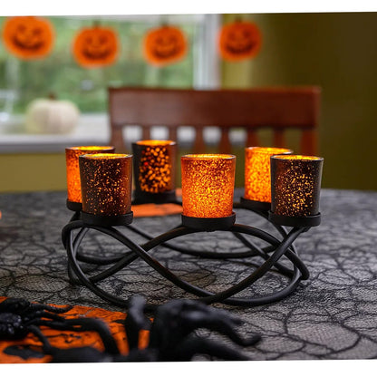 Halloween Centerpiece Table Decor Candle Holder for Kitchen, Dining Room, and Coffee Tables, Glass Votive Tealight Holders, Black, 6 Black/Orange Cups - Black/Orange 6-Cup - MAIN
