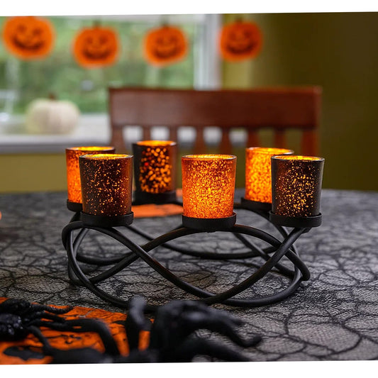 Halloween Centerpiece Table Decor Candle Holder for Kitchen, Dining Room, and Coffee Tables, Glass Votive Tealight Holders, Black, 6 Black/Orange Cups - Black/Orange 6-Cup - MAIN