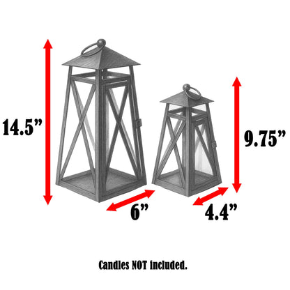 Black Watchtower Candle Lanterns for Outdoor Patio or Porch – Set of 2 Decorative Metal & Glass Lanterns for Pillar Candles – Rustic Farmhouse Indoor Tabletop D - Black 14.5" H x 6" W - PT03