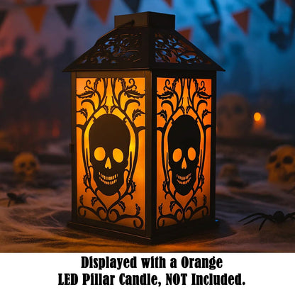 11.5" Halloween Skull Candle Lantern - Decorative Spooky Tabletop Light for Haunted House, Gothic Home, Front Porch & Party Decor, Metal with Frosted Glass (Can - PT01