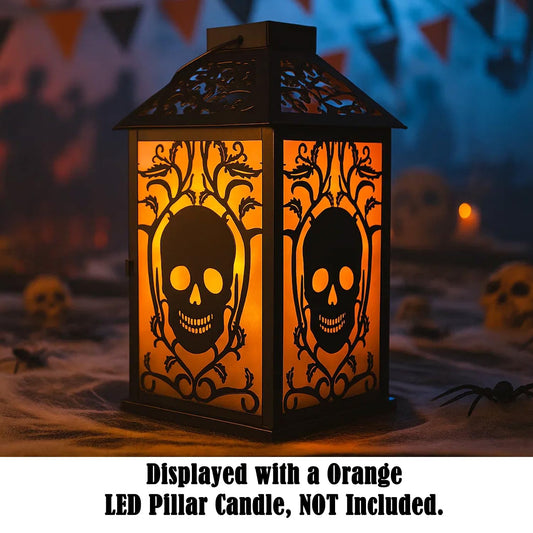 11.5" Halloween Skull Candle Lantern - Decorative Spooky Tabletop Light for Haunted House, Gothic Home, Front Porch & Party Decor, Metal with Frosted Glass (Can - PT01