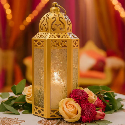 Gold Metal Decorative Moroccan Lantern Candle Holder Lamp - Indoor/Outdoor, Home Decor, Patio, Weddings, Christmas - Gold Medium - PT08