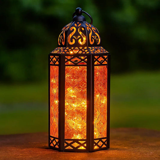 Metal Moroccan Decorative LED Fairy Lights Candle Lantern Holders for Indoor Home Fantasy Decor, Table Centerpieces, Outdoor Patio or Porch, Weddings, Medium - Amber Medium - MAIN