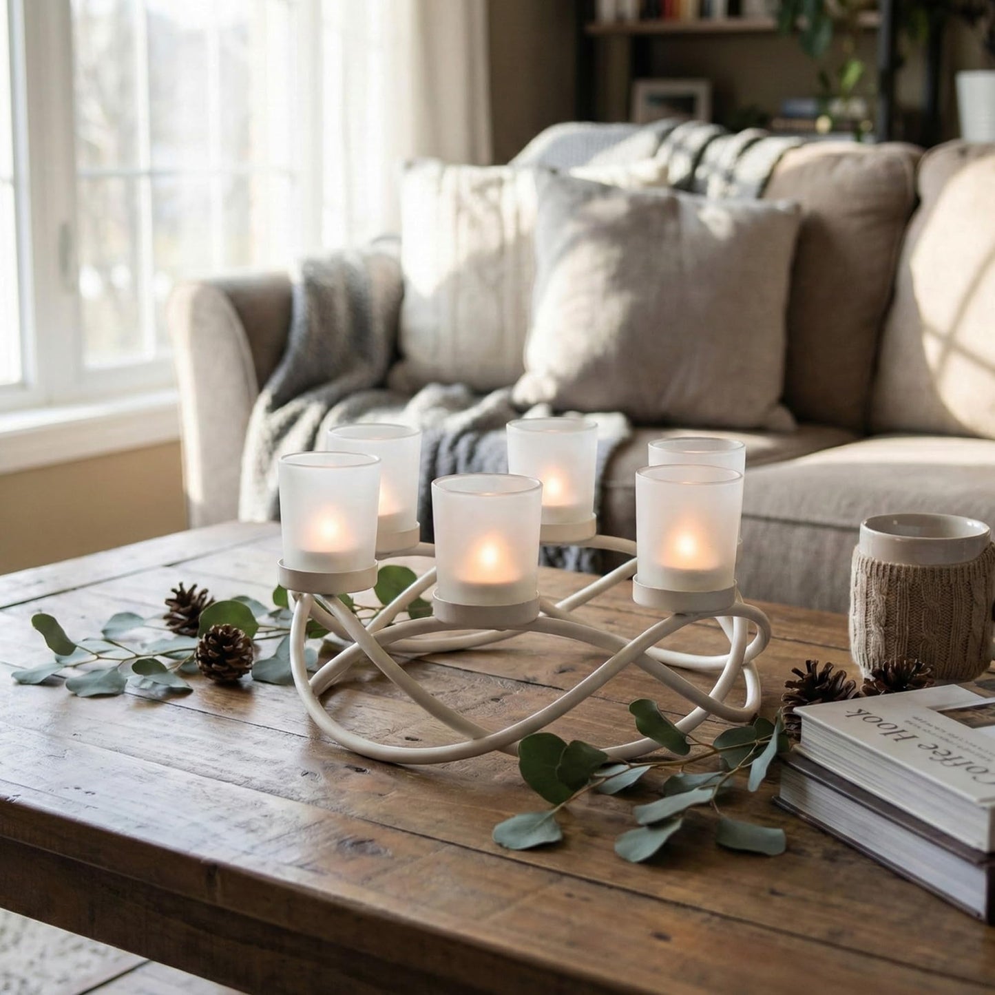 Iron Round Table Decor Centerpiece Decorations Candle Holder for Weddings, Outdoor Patio, Kitchen, Dining Room, and Coffee Tables, Glass Votive Tealight Holders - White 6-Cup - PT01