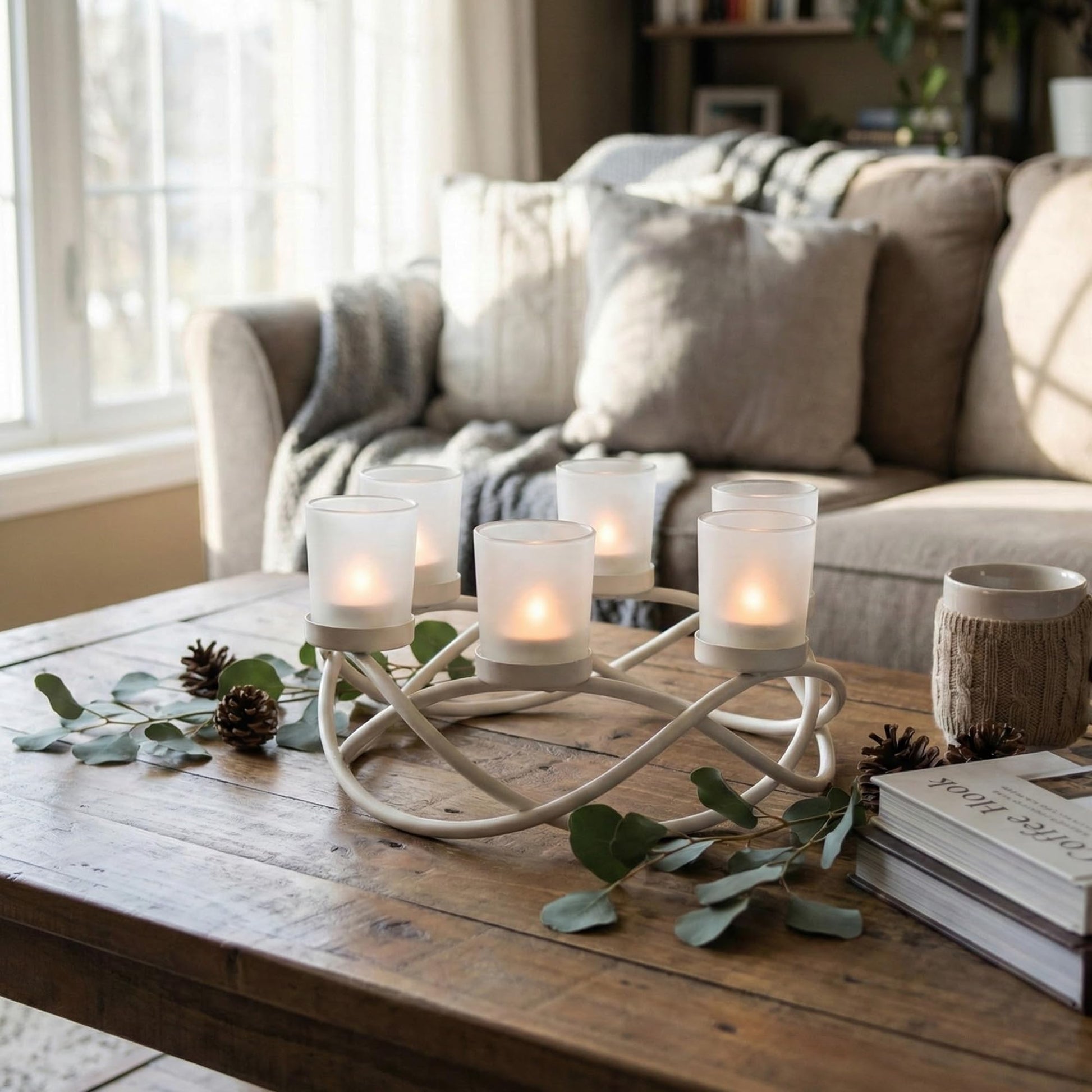 Iron Round Table Decor Centerpiece Decorations Candle Holder for Weddings, Outdoor Patio, Kitchen, Dining Room, and Coffee Tables, Glass Votive Tealight Holders - White 6-Cup - PT01