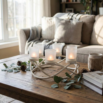 Iron Round Table Decor Centerpiece Decorations Candle Holder for Weddings, Outdoor Patio, Kitchen, Dining Room, and Coffee Tables, Glass Votive Tealight Holders - White 6-Cup - PT01