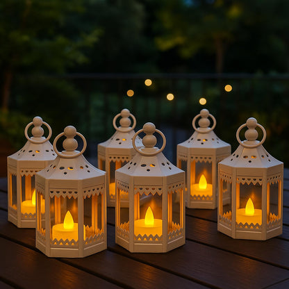 6pc Mini Small 4.5 Inch Metal Moroccan Lanterns Decorative Candle Tealight Holders for Centerpieces, Ramadan, Home Decor, Weddings, White - White Set of 6 - PT08