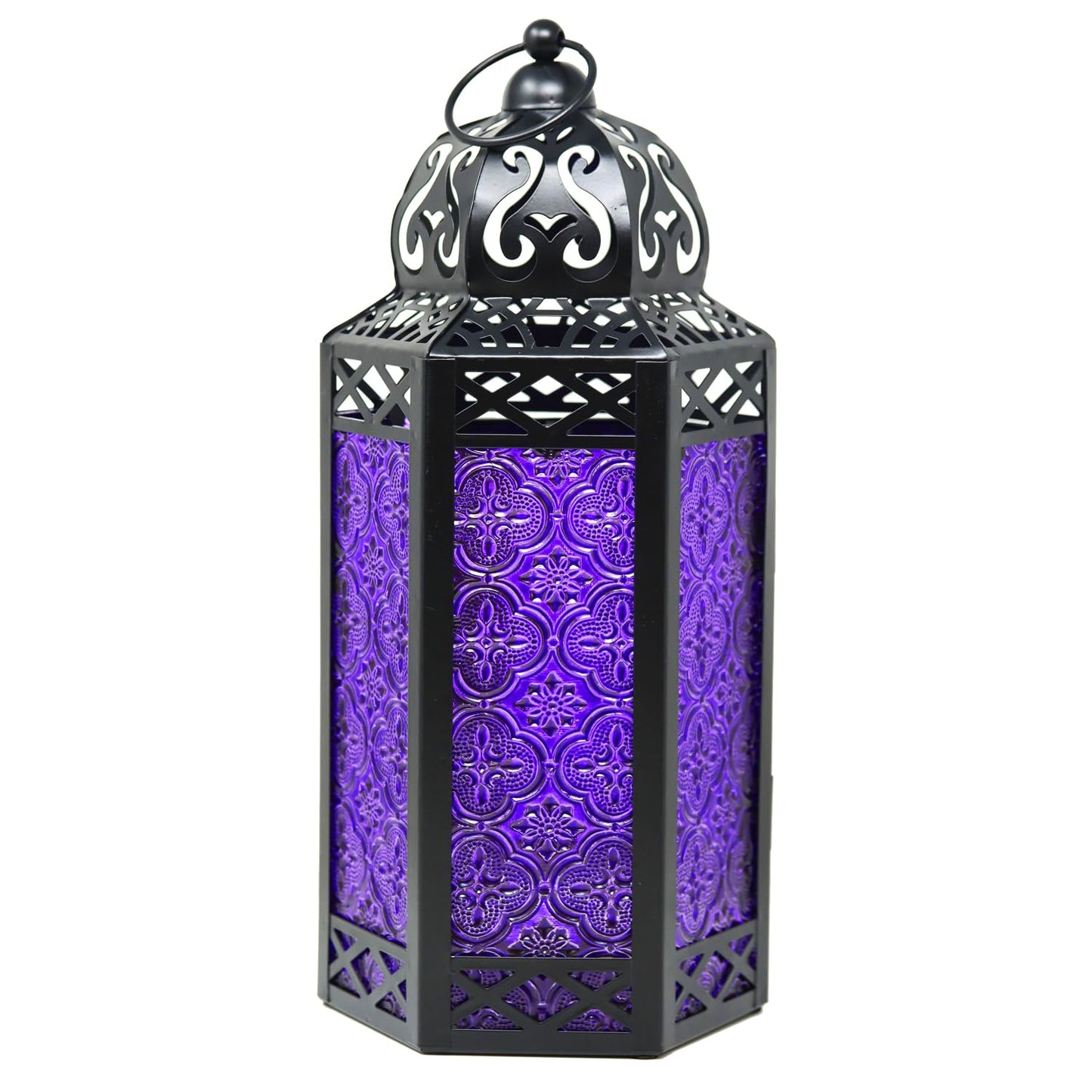 Black Metal Decorative Moroccan Lantern Candle Holder Lamp - Indoor/Outdoor, Home Decor, Patio, Weddings, Christmas - Purple Large - MAIN