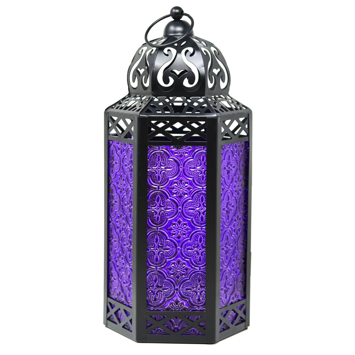 Black Metal Decorative Moroccan Lantern Candle Holder Lamp - Indoor/Outdoor, Home Decor, Patio, Weddings, Christmas - Purple Large - MAIN