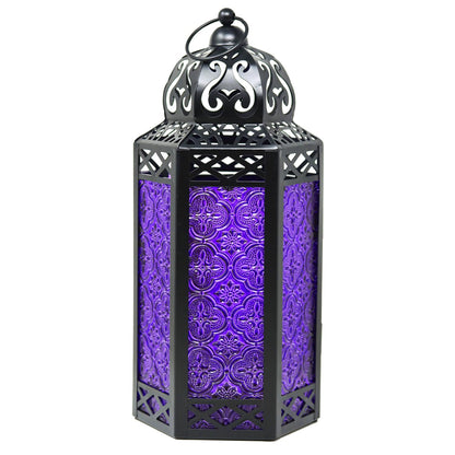 Black Metal Decorative Moroccan Lantern Candle Holder Lamp - Indoor/Outdoor, Home Decor, Patio, Weddings, Christmas - Purple Large - MAIN
