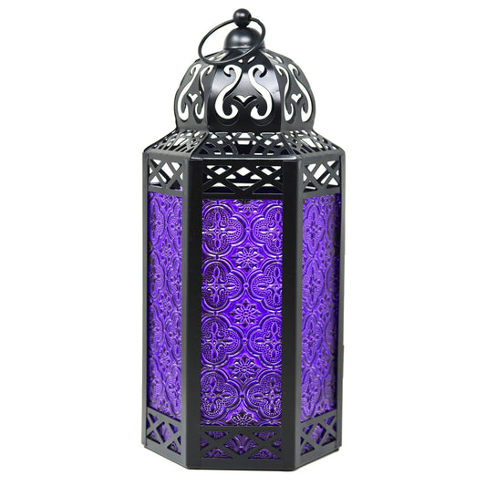 Black Metal Decorative Moroccan Lantern Candle Holder Lamp - Indoor/Outdoor, Home Decor, Patio, Weddings, Christmas - Purple Large - MAIN