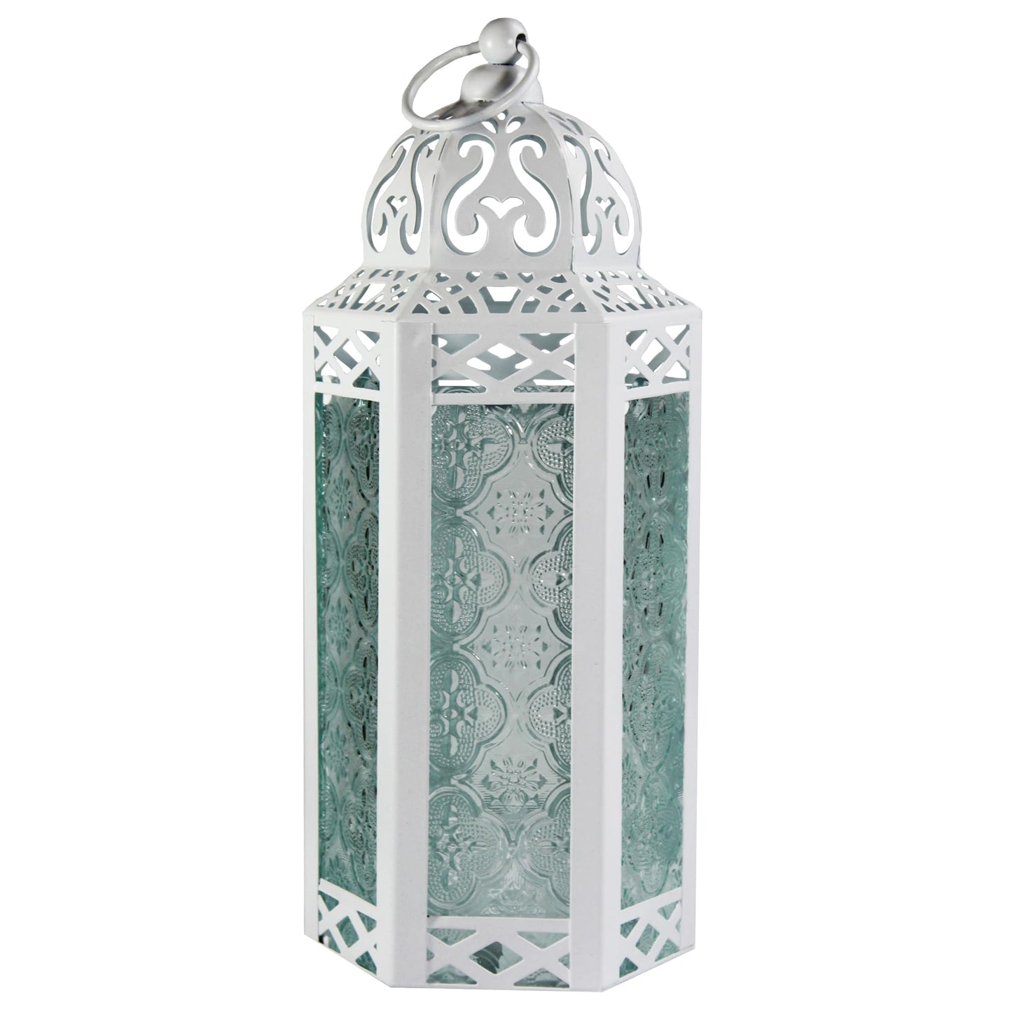 Black Metal Decorative Moroccan Lantern Candle Holder Lamp - Indoor/Outdoor, Home Decor, Patio, Weddings, Christmas - White/Clear Medium - MAIN