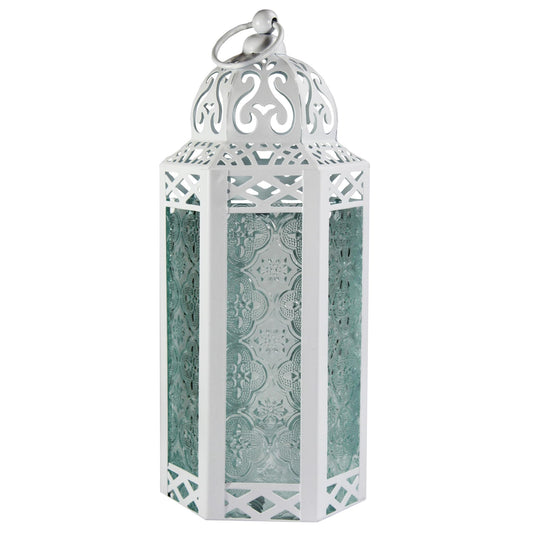 Black Metal Decorative Moroccan Lantern Candle Holder Lamp - Indoor/Outdoor, Home Decor, Patio, Weddings, Christmas - White/Clear Medium - MAIN