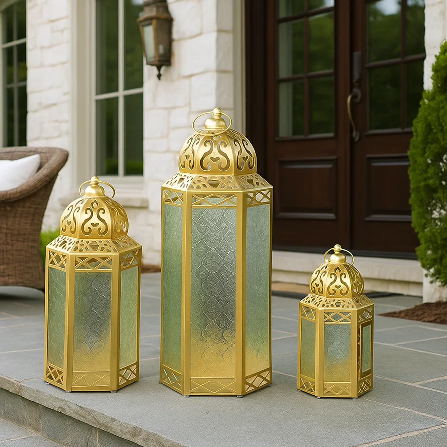 Set of 3 Clear Glass & Gold Metal Moroccan Candle Lantern Holders (XL, Large, Small) - Decorative Indoor/Outdoor Decor for Patio, Floor, Weddings & Ramadan - Gold 3 unidades - PT03