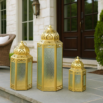 Set of 3 Clear Glass & Gold Metal Moroccan Candle Lantern Holders (XL, Large, Small) - Decorative Indoor/Outdoor Decor for Patio, Floor, Weddings & Ramadan - Gold 3 unidades - PT03