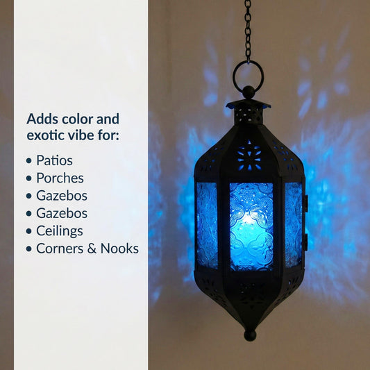 Hanging Moroccan Decorative Candle Lantern Holders for Outdoor Décor - Aqua Blue Hanging - PT01