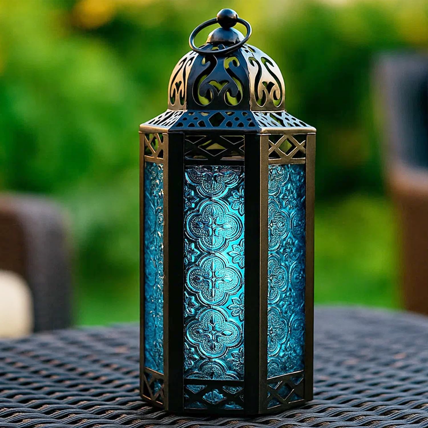 Metal Moroccan Decorative LED Fairy Lights Candle Lantern Holders for Indoor Home Fantasy Decor, Table Centerpieces, Outdoor Patio or Porch, Weddings, Medium - Blue Medium - PT05