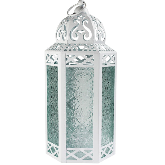 Black Metal Decorative Moroccan Lantern Candle Holder Lamp - Indoor/Outdoor, Home Decor, Patio, Weddings, Christmas - White/Clear Large - MAIN