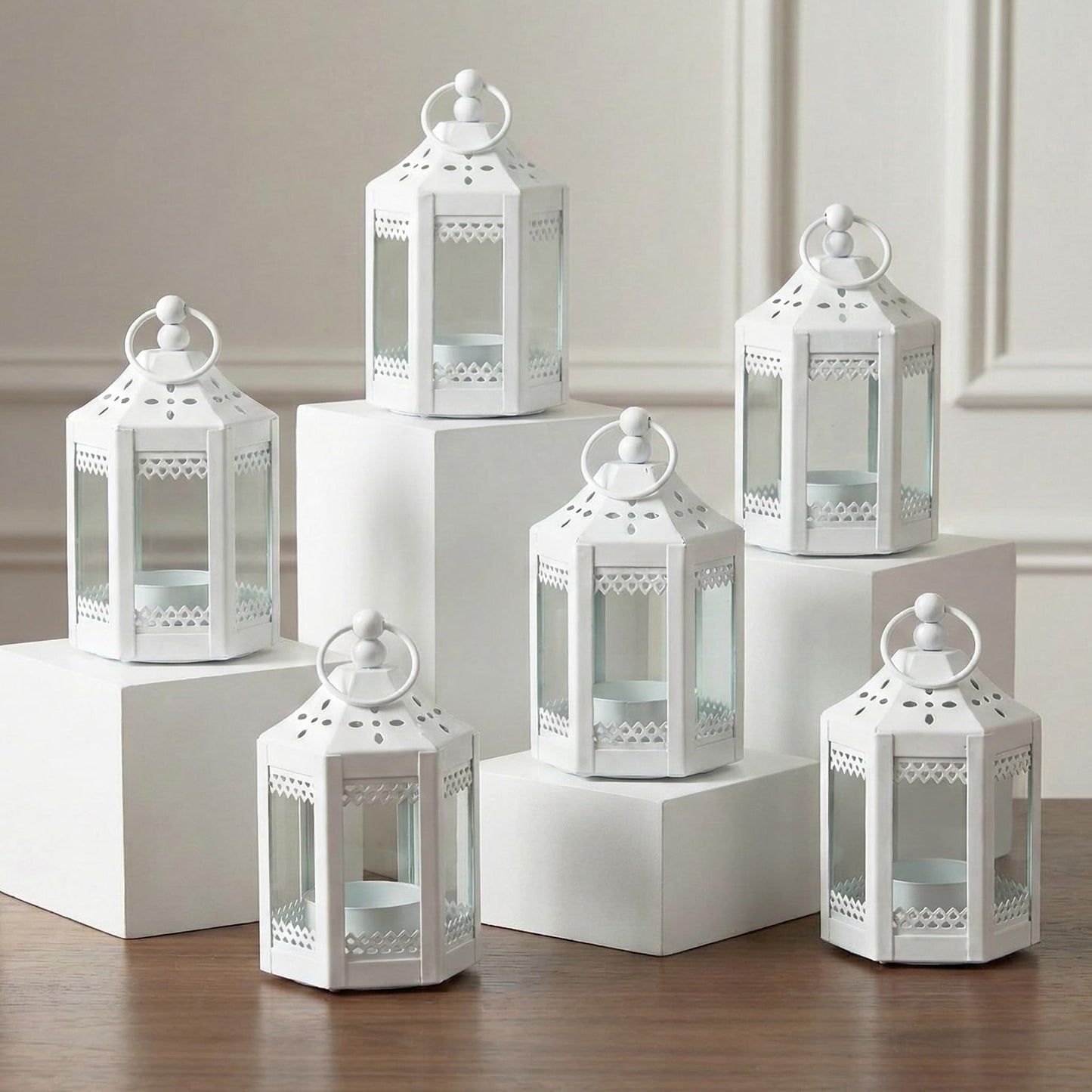 6pc Mini Small 4.5 Inch Metal Moroccan Lanterns Decorative Candle Tealight Holders for Centerpieces, Ramadan, Home Decor, Weddings, White - White Set of 6 - MAIN
