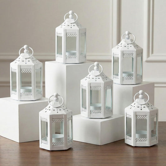 6pc Mini Small 4.5 Inch Metal Moroccan Lanterns Decorative Candle Tealight Holders for Centerpieces, Ramadan, Home Decor, Weddings, White - White Set of 6 - MAIN