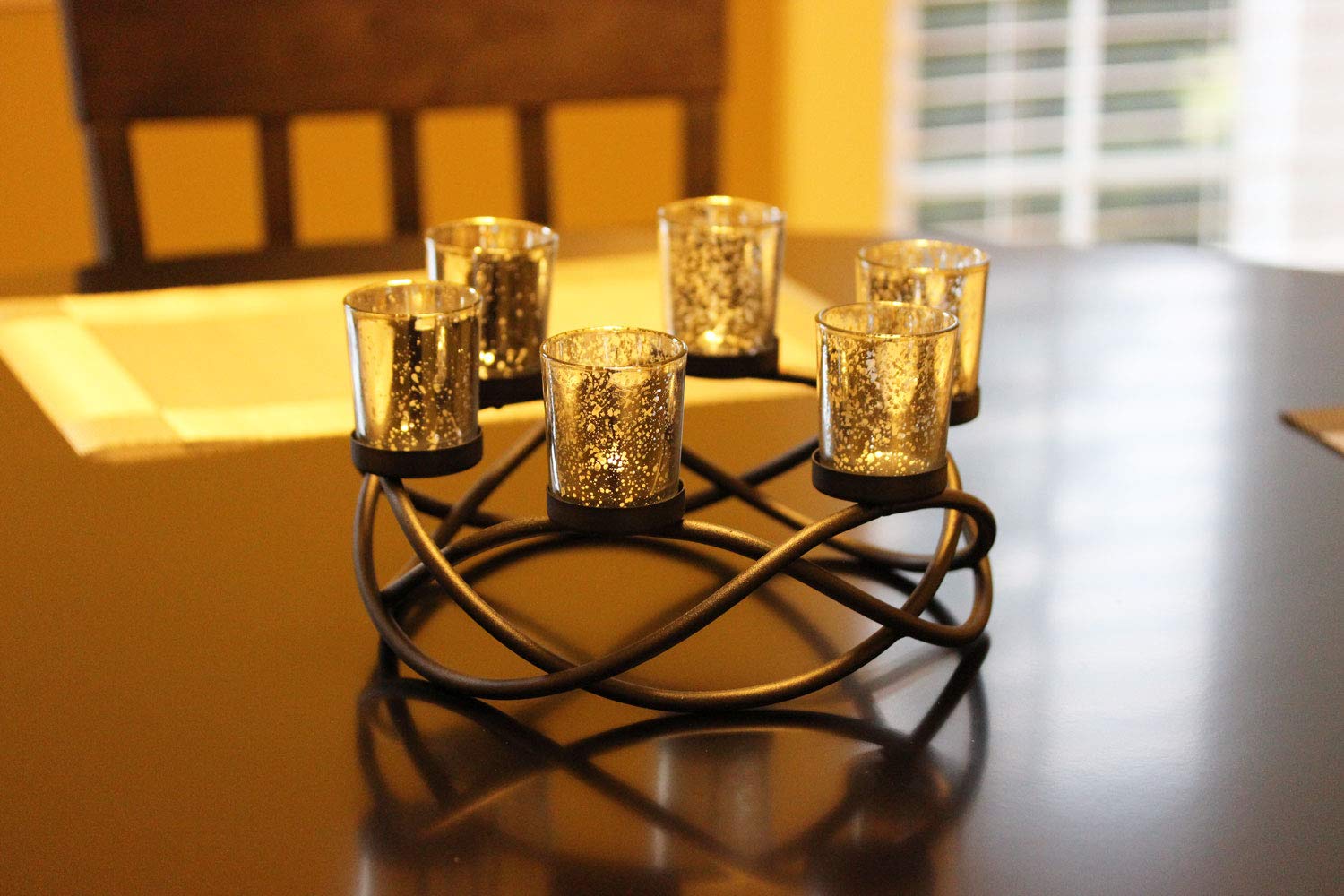 Iron Round Table Decor Christmas Centerpiece Decorations Candle Holder for Weddings, Outdoor Patio, Dining Room, and Coffee Tables, Glass Votive Tealight Holder - Black/Silver 6-Cup - PT08
