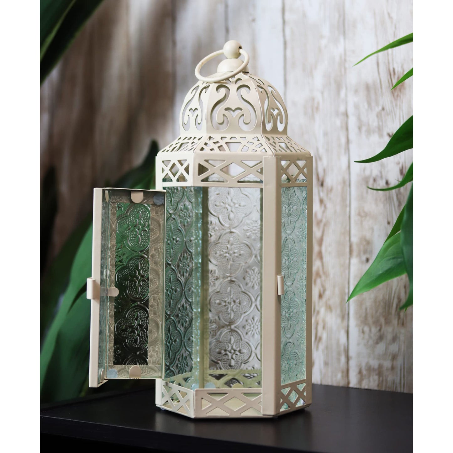 Black Metal Decorative Moroccan Lantern Candle Holder Lamp - Indoor/Outdoor, Home Decor, Patio, Weddings, Christmas - Light Cream Medium - PT01