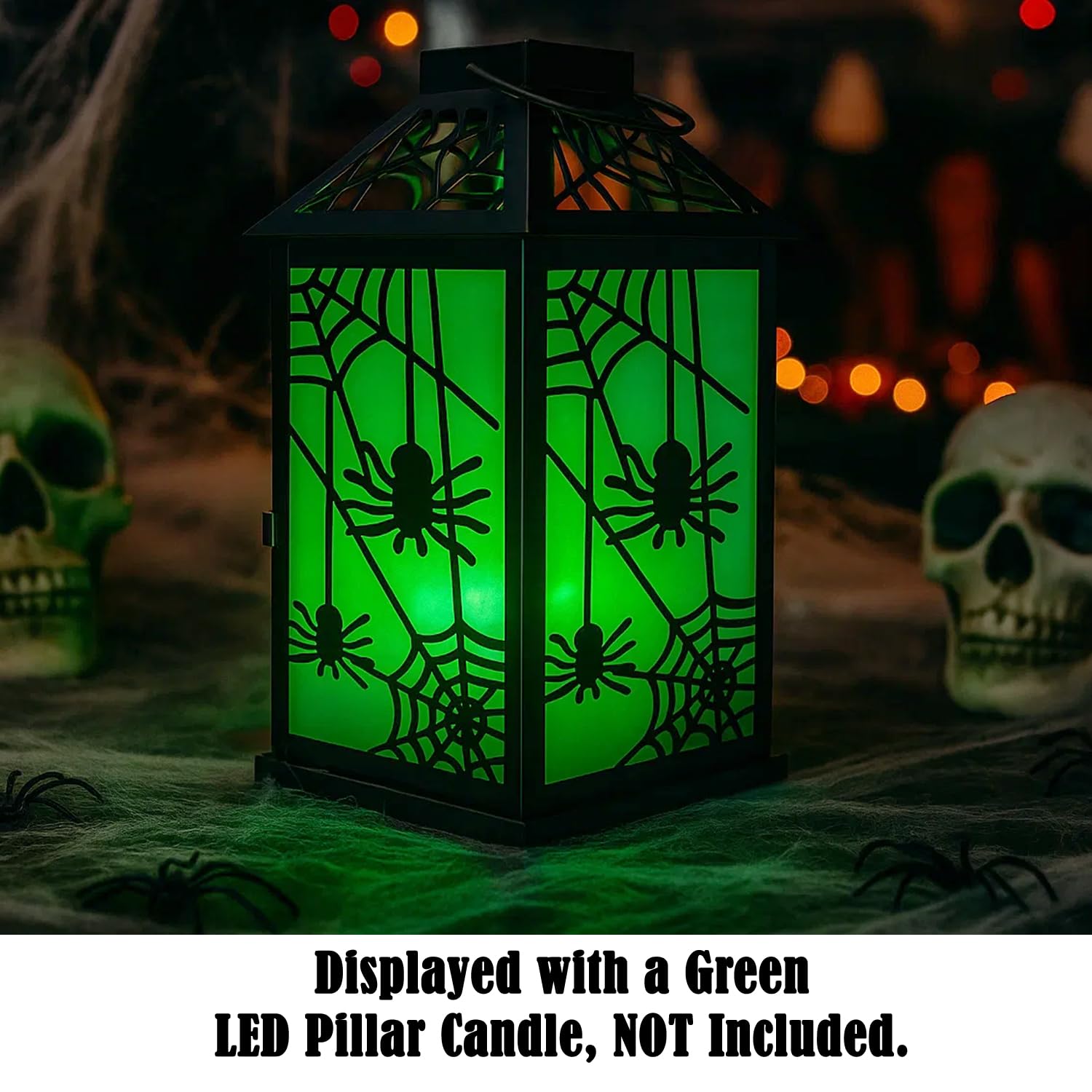 11.5" Halloween Spider Candle Lantern - Decorative Spooky Tabletop Light for Haunted House, Gothic Home, Front Porch & Party Decor, Metal with Frosted Glass (Ca - Dark Gray - PT04