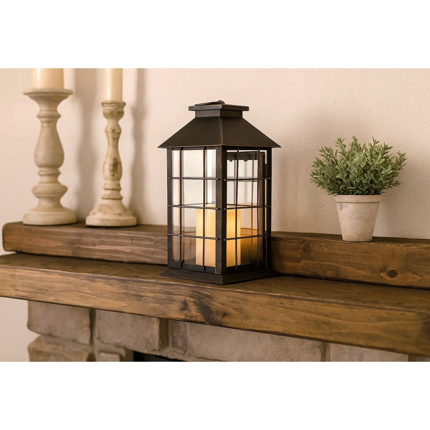 11" Rustic Decorative Candle Lantern – Vintage Metal & Glass Holder for Pillar Candles – Farmhouse Tabletop & Hanging Lantern for Indoor or Patio Decor, Bronze - Brushed Bronze 5.5 x 5.5 x 11 inches - PT02