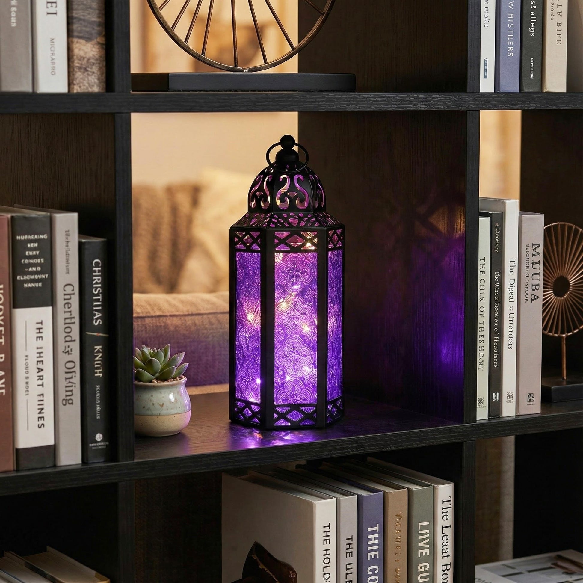 Metal Moroccan Decorative LED Fairy Lights Candle Lantern Holders for Indoor Home Fantasy Decor, Table Centerpieces, Outdoor Patio or Porch, Weddings, Medium - Purple Medium - PT08