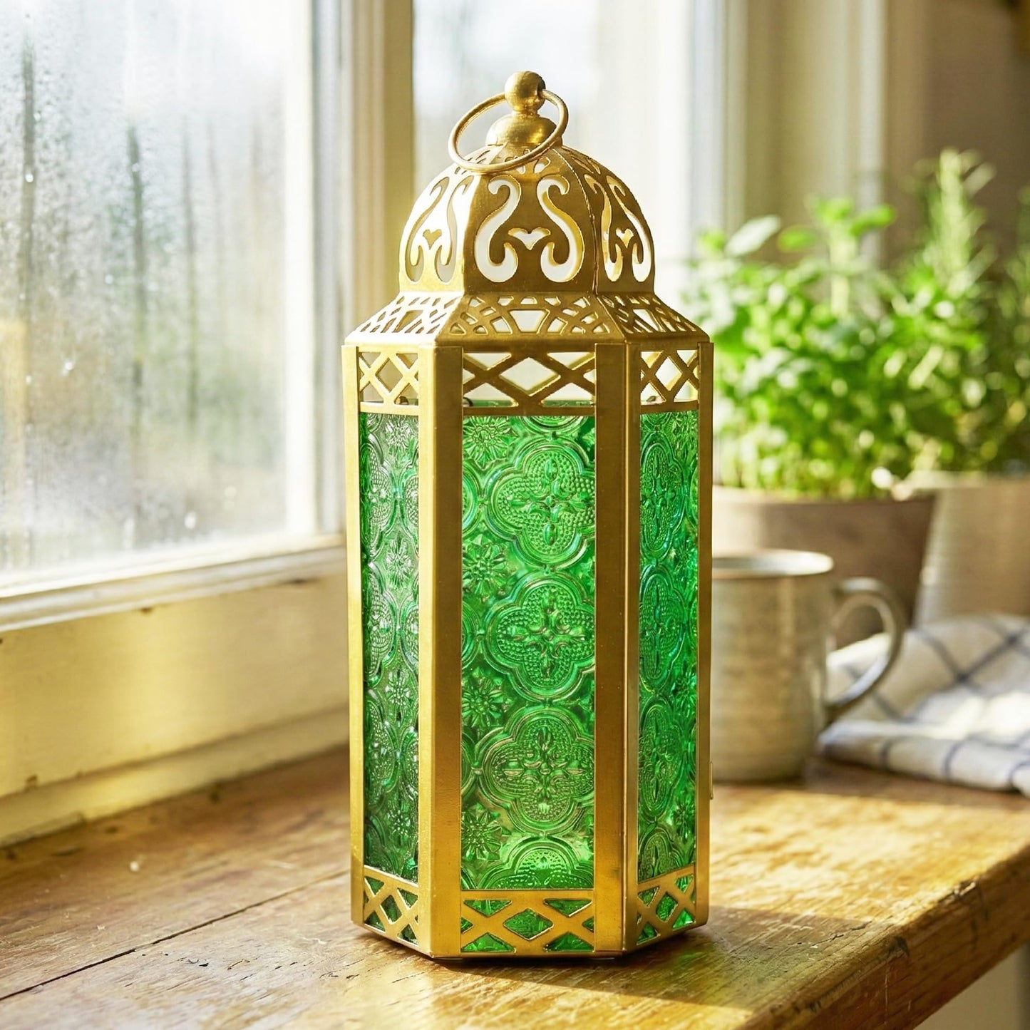 Gold Metal Decorative Moroccan Lantern Candle Holder Lamp - Indoor/Outdoor, Home Decor, Patio, Weddings, Christmas - Gold/Green Medium - PT08
