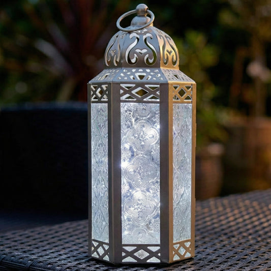 Metal Moroccan Decorative LED Fairy Lights Candle Lantern Holders for Indoor Home Fantasy Decor, Table Centerpieces, Outdoor Patio or Porch, Weddings, Medium - White Gold Medium - MAIN